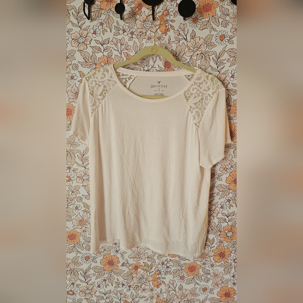 American Eagle Outfitters Cream Embellished Short Sleeve Tee